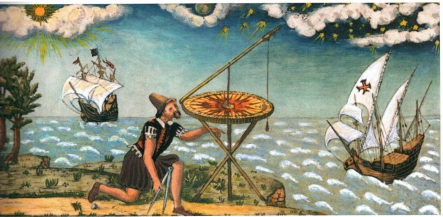 Astrónomo del siglo XVI realizando mediciones de la Tierra con los instrumentos de la época. Aparecen el Sol radiante, un planeta y al otro lado un cielo más oscuro cubierto de estrellas.